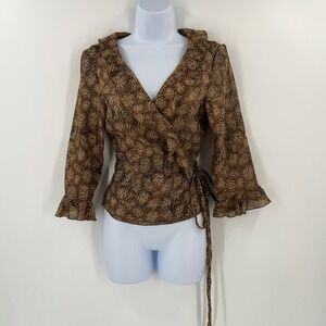 Odds Evens Women M Vintage Leopard Print Wrap Blouse Top Ruffle Collar Sleeve
